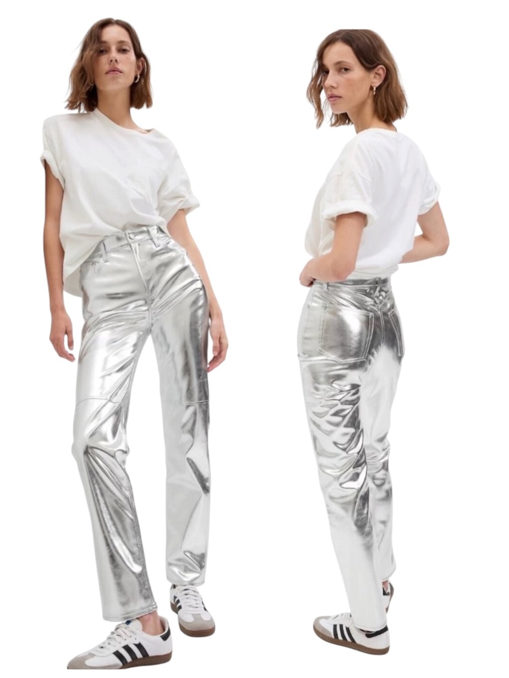 GAP High Rise Cheeky Straight Faux Leather Jean Pants Silver Metallic Foil NEW